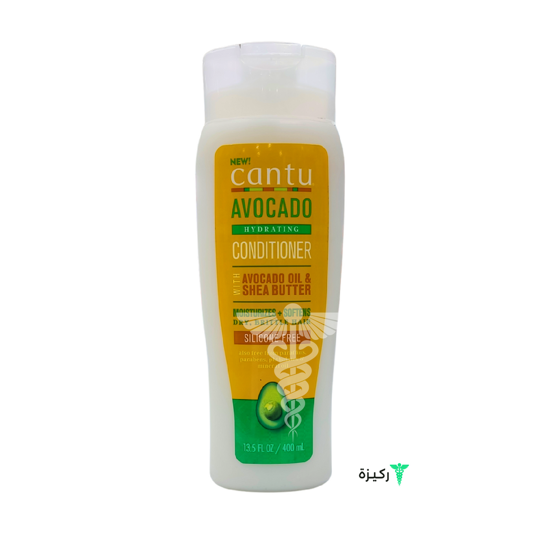 A bottle of Cantu Avocado Conditioner, 400 ml, with packaging that includes the brand name, product name, and images of an avocado and a hair care symbol.