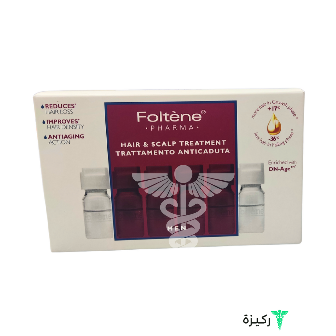 Packaging for Foltene Pharmacy hair and scalp treatment, with brand logo and product information.