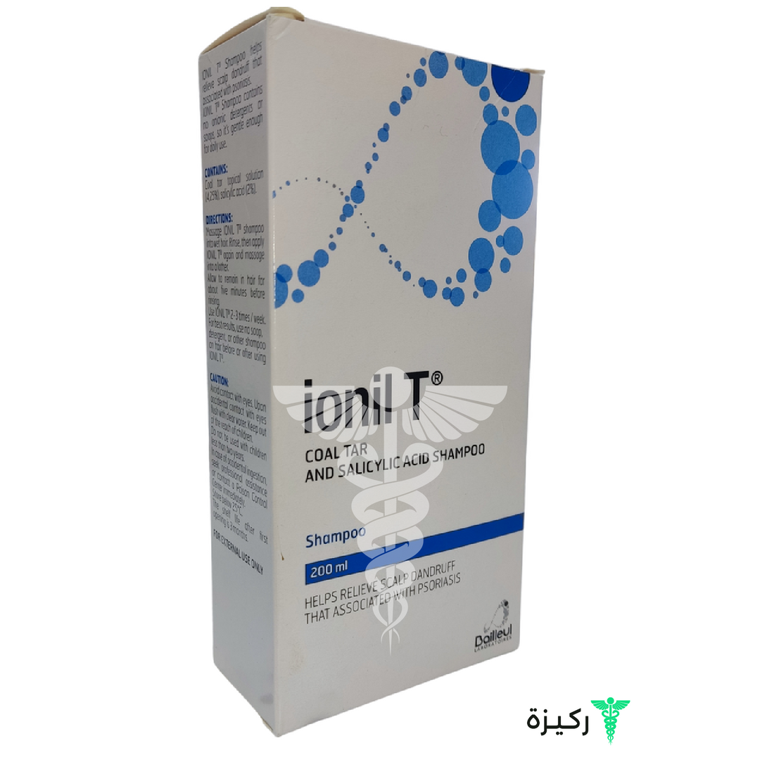 A box of Ionil T shampoo, 200 ml, with branding and text indicating it is a medicated product for hair care.