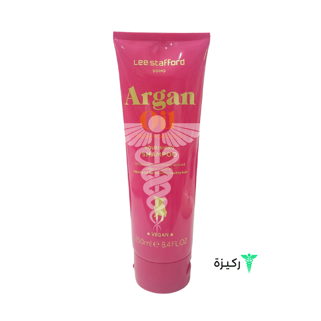 A pink tube of Lee Stafford Argan Hair Shampoo with a capacity of 250ml.