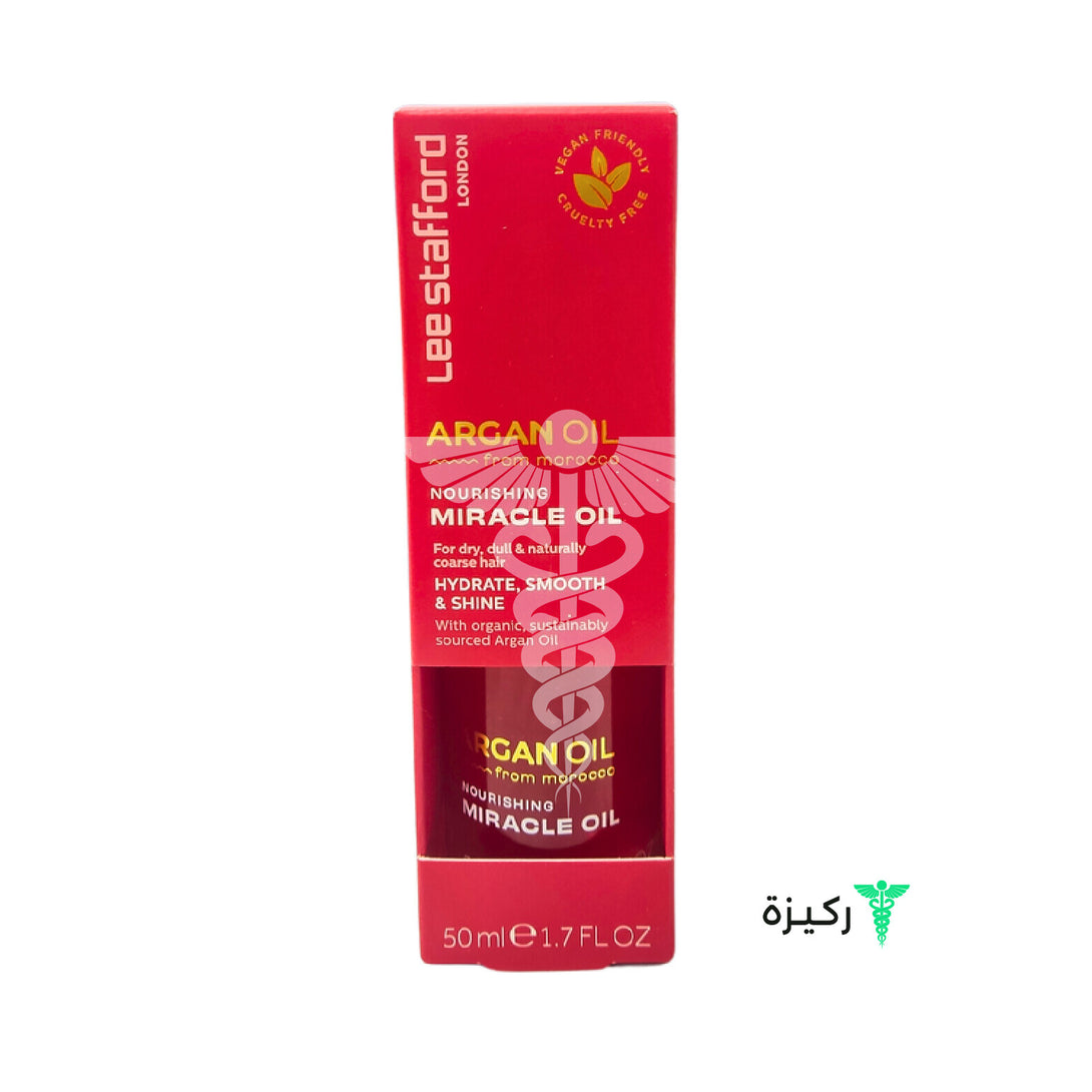 A product image showing a red bottle of Lee Stafford Argan Oil from Morocco, Nourishing Miracle Oil, containing 50 ml of oil.