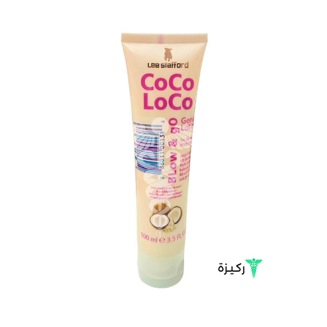 A tube of Lee Stafford Coco Loco Hair Blow - Go Genius Lotion with a pink and green label, featuring an image of a coconut and text detailing the product name and size (100ml).