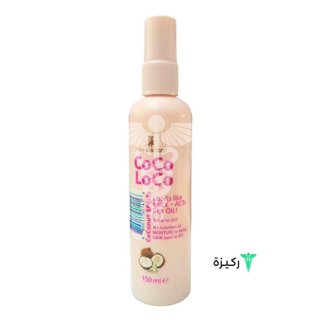 A bottle of Coco Loco hair spray by Lee Stafford, 150ml in size, with a white spray nozzle and a label featuring coconut graphics.