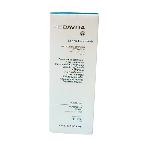 A bottle of Medavita Lotion Concentree, a hair loss treatment product with a white and teal label, 100ml in size.