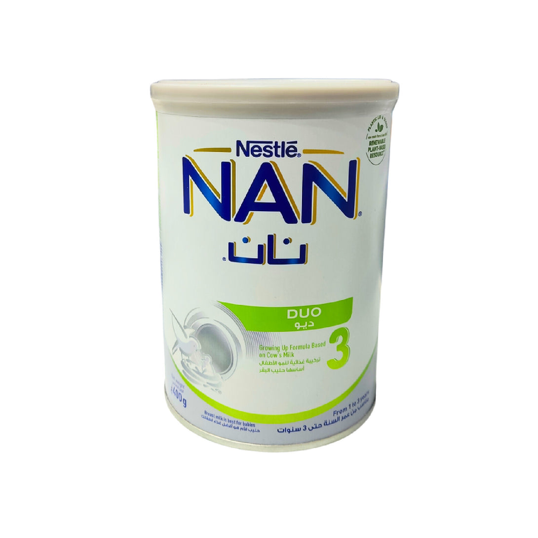 A container of Nestle Nan Baby Milk Duo, with branding and product information displayed on the label.